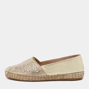 Le Silla Rhinestone Embellished Gold Leather Espadrille Flats Size 40
